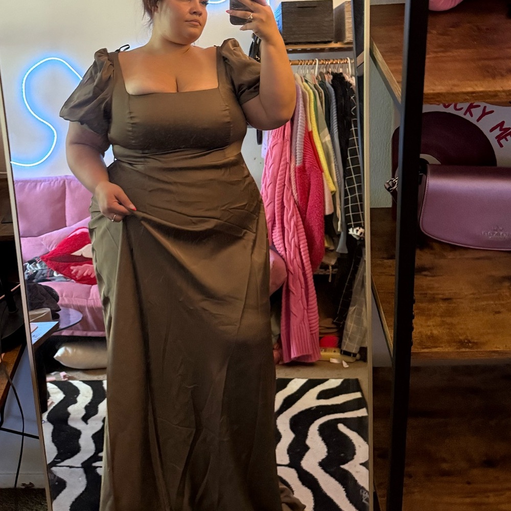 Birdy Grey Mocha Maxi Dress with Puff Sleeves